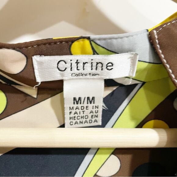 Citrine Women medium Yellow Abstract Art To Wear Half Sleeve Button Front Blouse - Picture 3 of 5